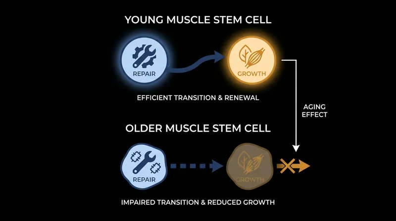 Age-related mitochondrial decline can cause stem cells to get stuck in repair mode, blunting muscle growth.