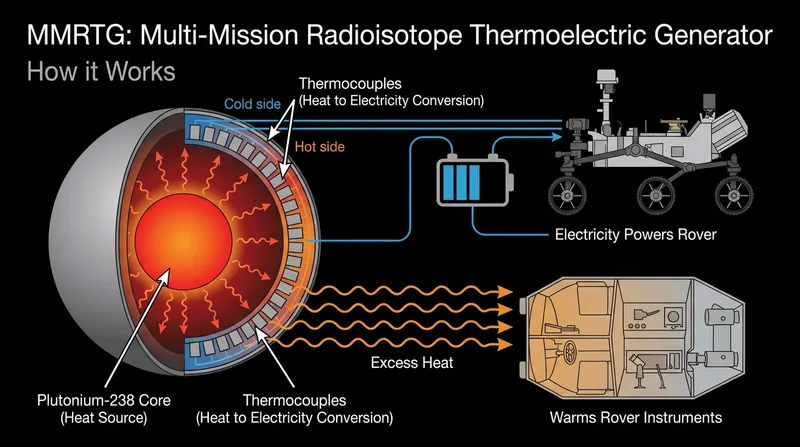An MMRTG converts the natural heat of decaying plutonium into a steady supply of electricity.