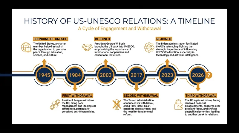 The US has a cyclical relationship with UNESCO, having withdrawn and rejoined multiple times since 1984.