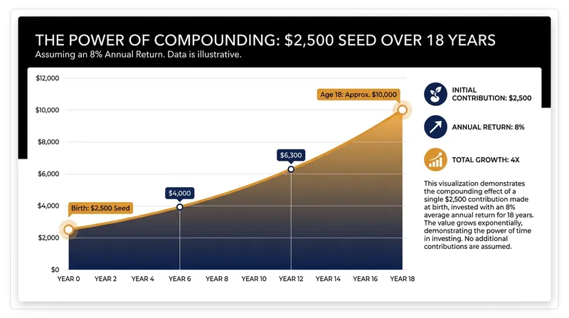 How a one-time corporate seed contribution grows over 18 years without additional deposits.