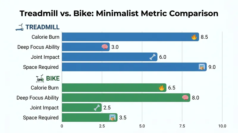 Trade-off analysis: Treadmills maximize physical exertion, while bikes maximize workflow integration.