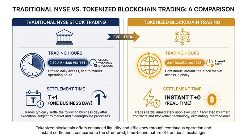 Tokenized shares eliminate traditional market hours and settlement delays.