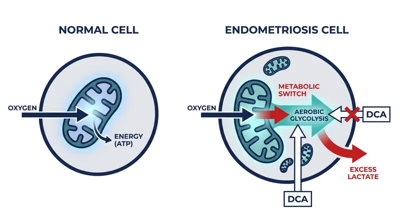 DCA works by reversing the cancer-like metabolic switch that allows endometriosis lesions to thrive.
