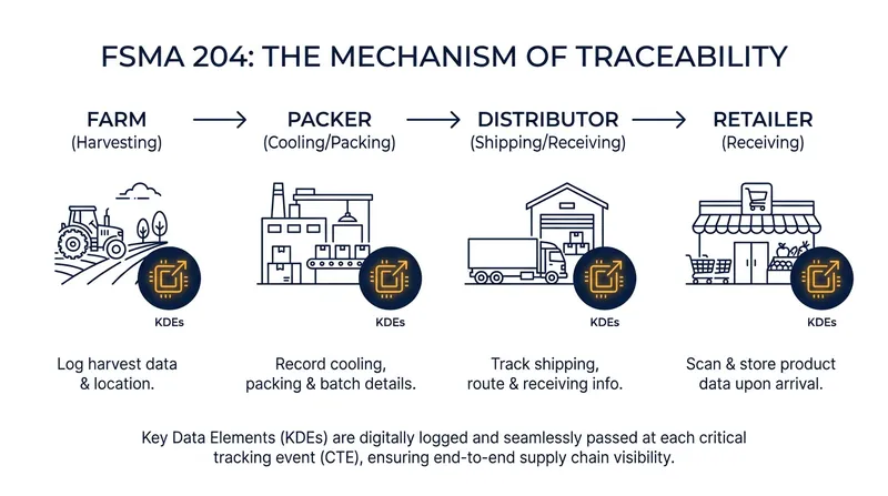 How FSMA 204 works: Data must be recorded at every Critical Tracking Event and passed down the supply chain.