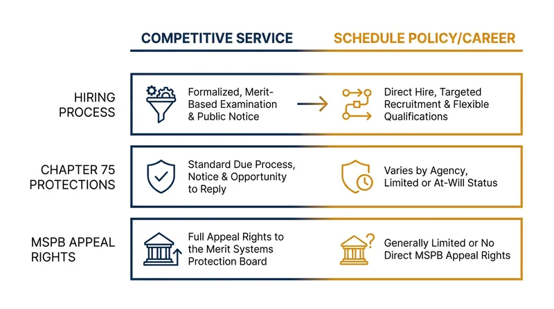 How the new Schedule Policy/Career classification compares to traditional competitive service protections.
