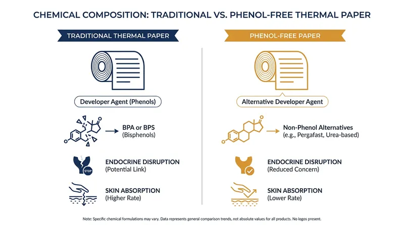 Traditional thermal paper relies on BPA or BPS to develop text, chemicals that easily absorb through the skin.