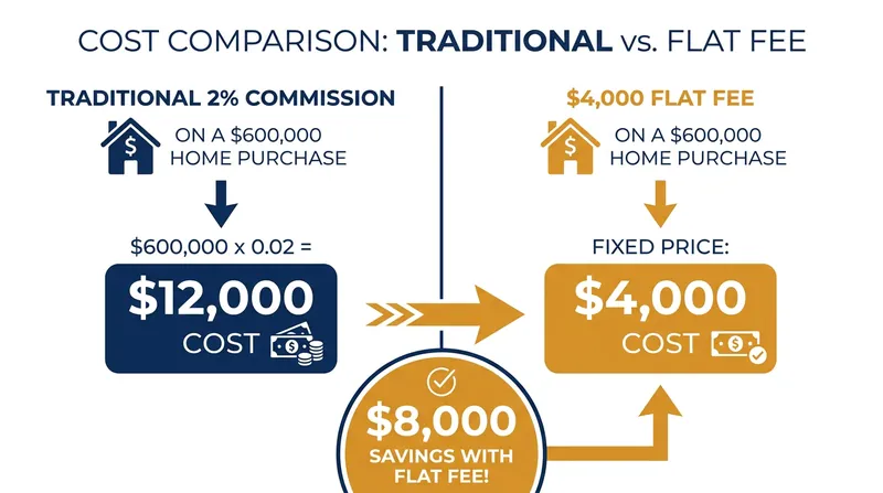 Comparing the out-of-pocket costs of percentage vs. flat-fee models on a $600,000 home.