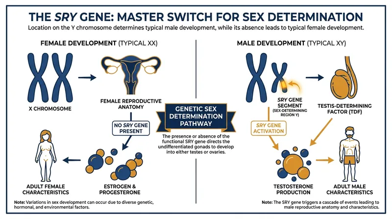 The SRY gene acts as a biological switch in utero, initiating the development of testes and subsequent male puberty.