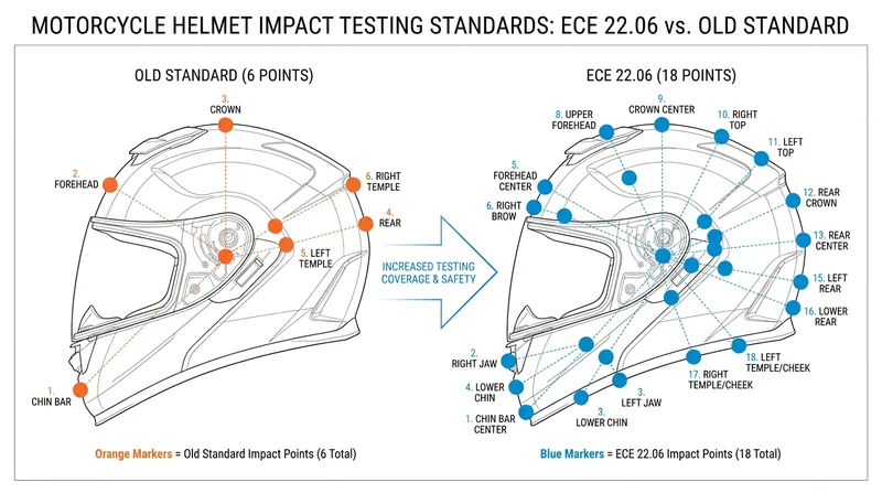 Helmets are now tested at 18 distinct points, including random locations, preventing manufacturers from reinforcing only specific areas.