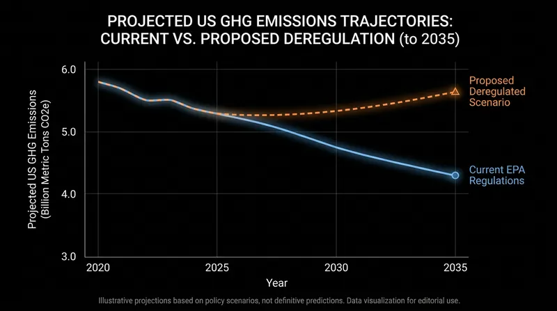 Projected divergence in U.S. greenhouse gas emissions if federal regulatory authority is shifted entirely to the states.