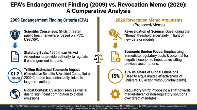 A comparison of the scientific and economic arguments underpinning the 2009 Endangerment Finding versus the 2026 revocation memo.