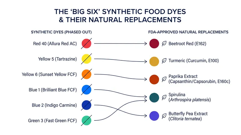The FDA's targeted phase-out list and the natural colorants stepping in to replace them.