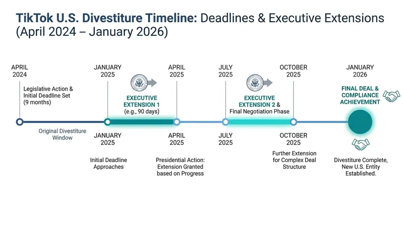 The timeline of legislative deadlines and executive extensions that culminated in the TikTok USDS sale.