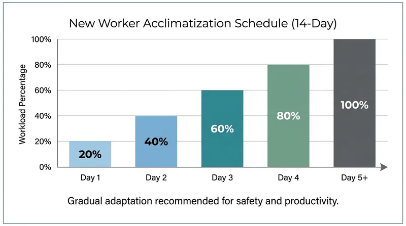 Unacclimatized workers must gradually build heat tolerance to prevent severe physiological strain.