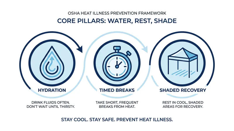 A compliant Heat Injury and Illness Prevention Plan must operationalize water, rest, and shade.