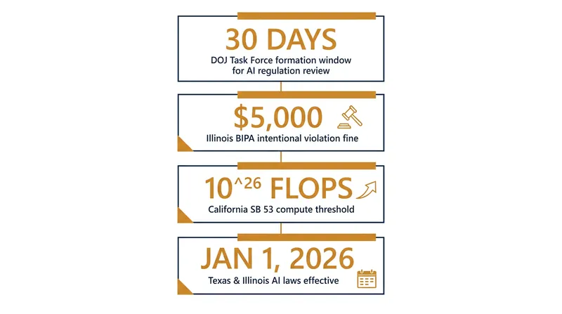 Key figures and thresholds defining the 2026 US AI regulatory landscape.