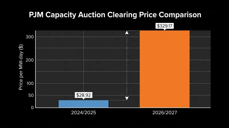 The cost of securing future power capacity on the PJM grid has increased 11-fold in just two years.