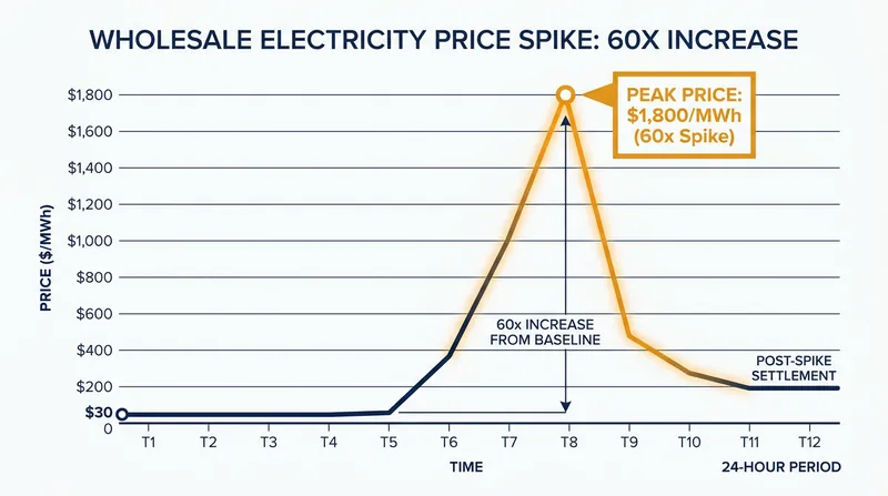 Spot wholesale electricity prices in Virginia's Dominion zone spiked 60x as the grid approached its operational limits.