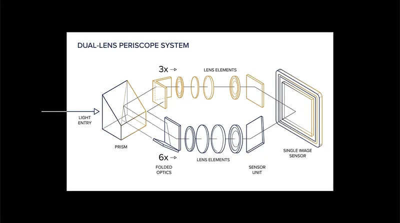 How the dynamic prism routes light through two distinct focal lengths to a single 50MP sensor.