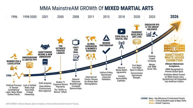 The 30-year trajectory of mixed martial arts from political exile to the American mainstream.