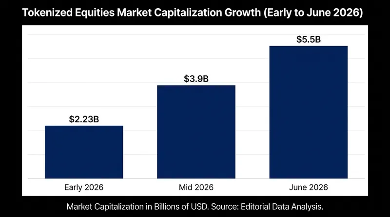 The tokenized equities market has surged 147% in the first half of 2026, reaching $5.5 billion.