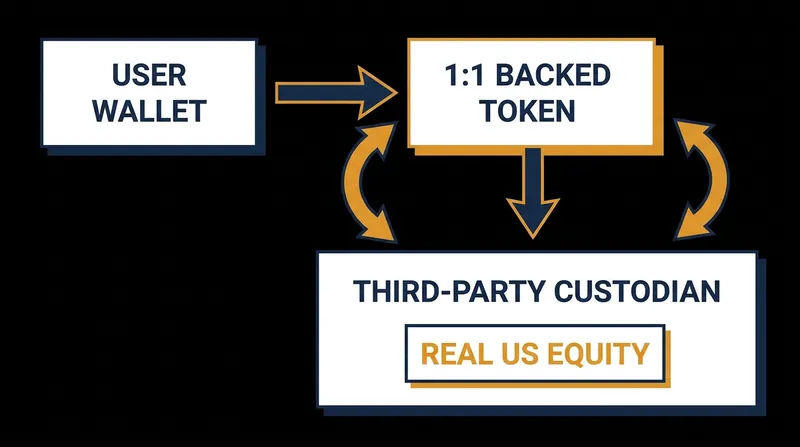 How Tokenized Stocks Work: Each digital token is backed one-to-one by a real share held by a regulated custodian.