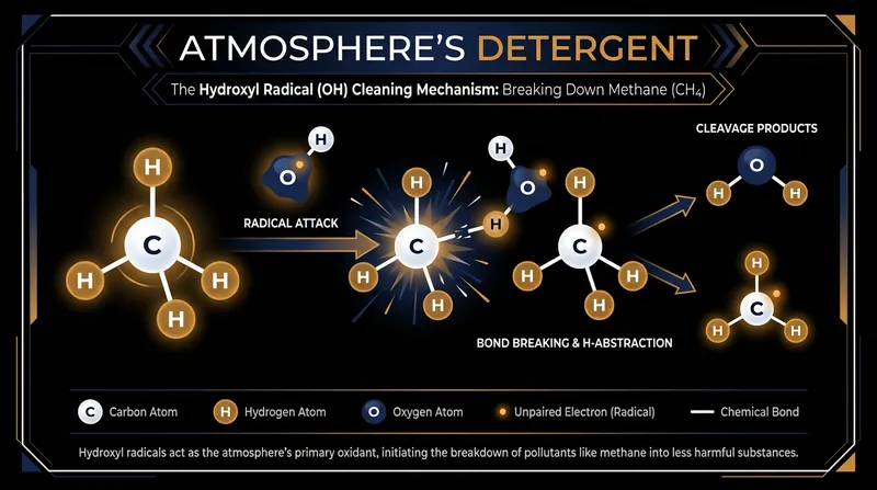Hydroxyl radicals (OH) act as the atmosphere's detergent, breaking down potent greenhouse gases like methane.