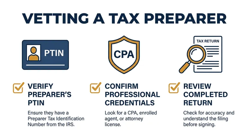 Actionable steps taxpayers can take to verify their preparer's credentials and protect their returns.
