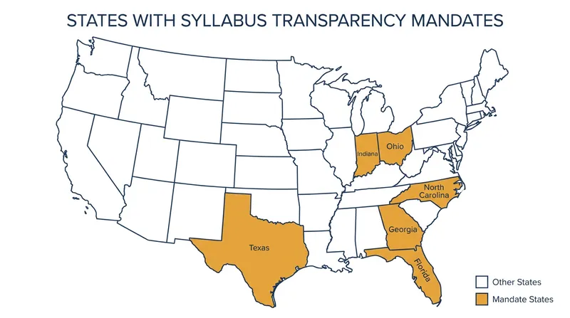 States that have implemented mandatory public syllabus policies for state-funded universities.