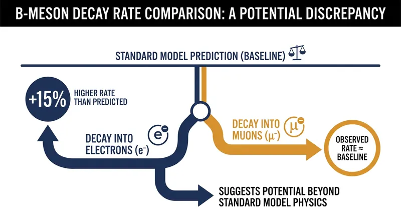 The anomaly: B-mesons are decaying into electrons roughly 15% more often than muons, violating the Standard Model.