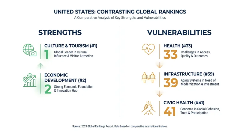 The U.S. ranking reveals a stark contrast between its global economic power and its domestic infrastructure.