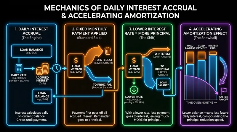 Because the monthly payment stays the same, the interest reduction forces more cash directly into the principal balance.
