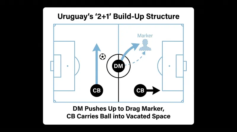 Uruguay's 2+1 build-up structure relies on the defensive midfielder vacating space for a center-back to carry the ball forward.