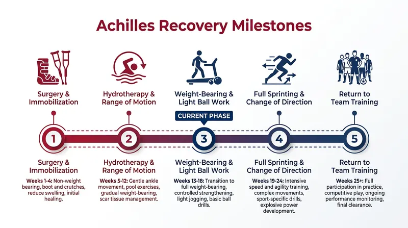 The standard rehabilitation milestones for an elite athlete recovering from an Achilles tendon rupture.