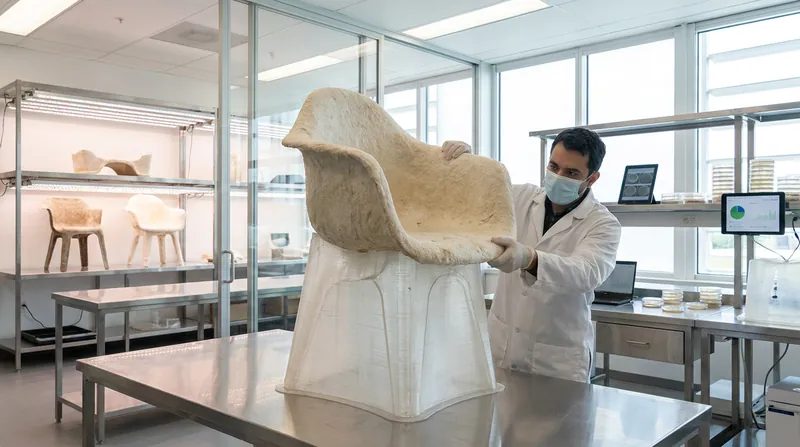 Mycelium acts as a natural binder, consuming agricultural waste to form solid, durable structures within custom molds.