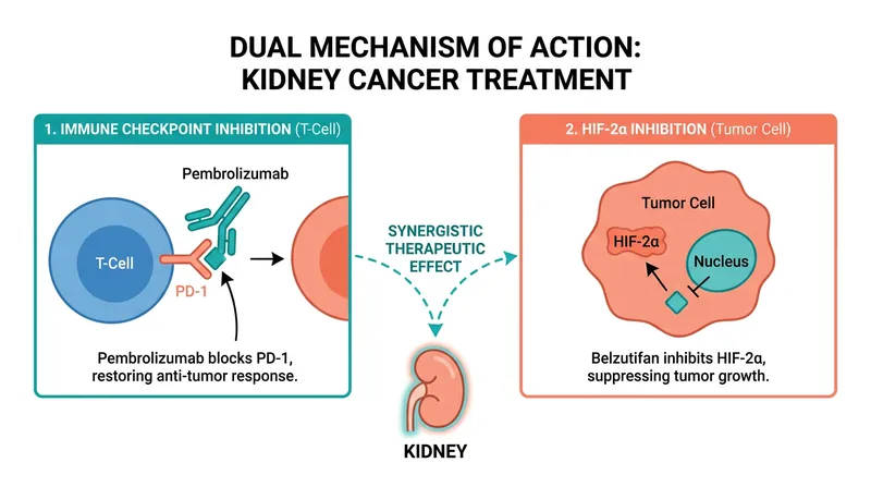 The combination therapy attacks the cancer through two distinct pathways: immune system activation and targeted metabolic starvation.
