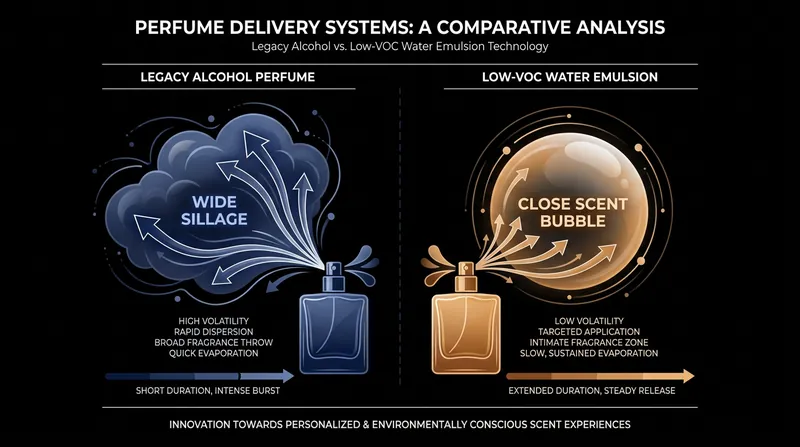How the absence of volatile alcohol changes the projection and evaporation rate of modern fragrances.