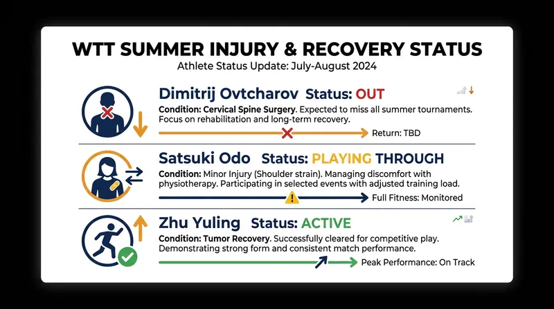 Current injury and recovery statuses for key players on the summer table tennis circuit.