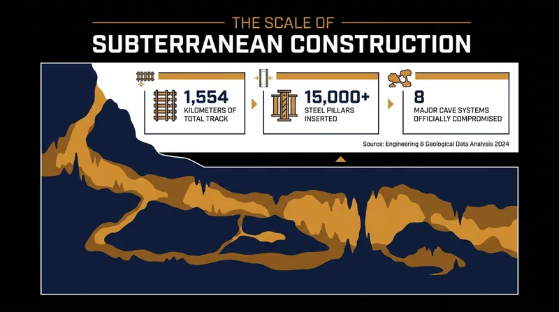The engineering requirements of the elevated railway have introduced thousands of structural pillars into the porous limestone bedrock.