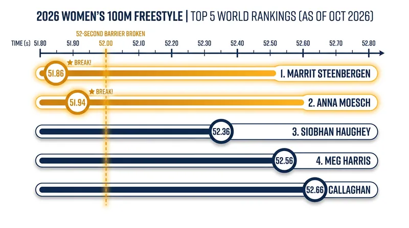 The 100m freestyle standings feature two women under the 52-second mark this season.