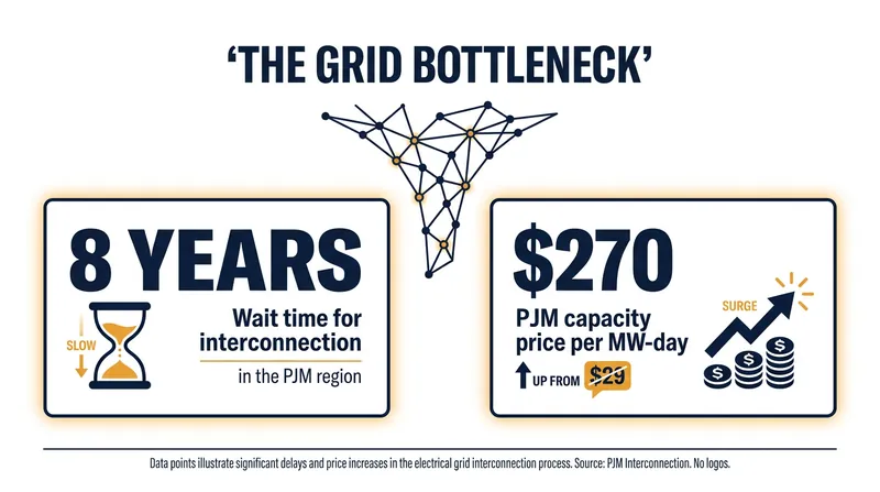 Wait times and capacity prices have surged in major grid regions as AI infrastructure demands outpace transmission planning.