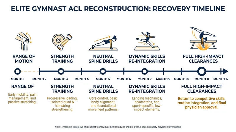 Modern rehabilitation protocols prioritize a strict, criterion-based timeline before gymnasts are cleared for high-impact landings.