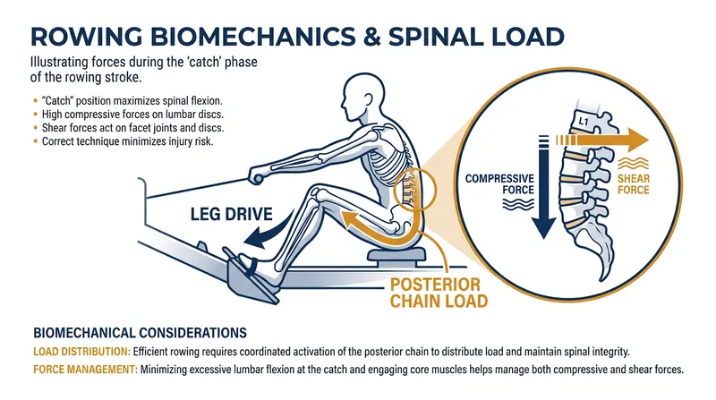 The catch and early drive phases place immense compressive forces on the lumbar spine.