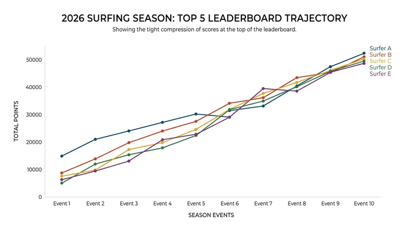 The points gap between the top 5 surfers remains incredibly tight under the new 2026 format.