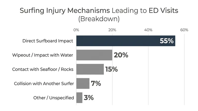 Direct impacts from surfboards remain the leading cause of severe injuries requiring emergency care.