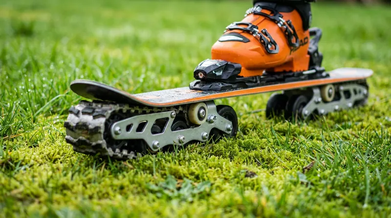 Grass skis utilize a series of rollers and a track system, requiring precise edge control since athletes cannot snowplow to brake.