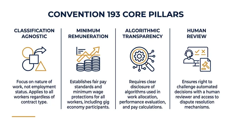 The four central mandates of the Decent Work in the Platform Economy Convention.