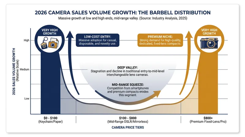 Global camera sales growth has hollowed out the middle market, spiking only at the extreme low and high ends.