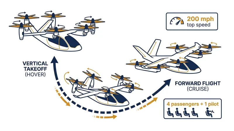 The S4 uses six tilting propellers to achieve vertical takeoff before transitioning to forward flight.