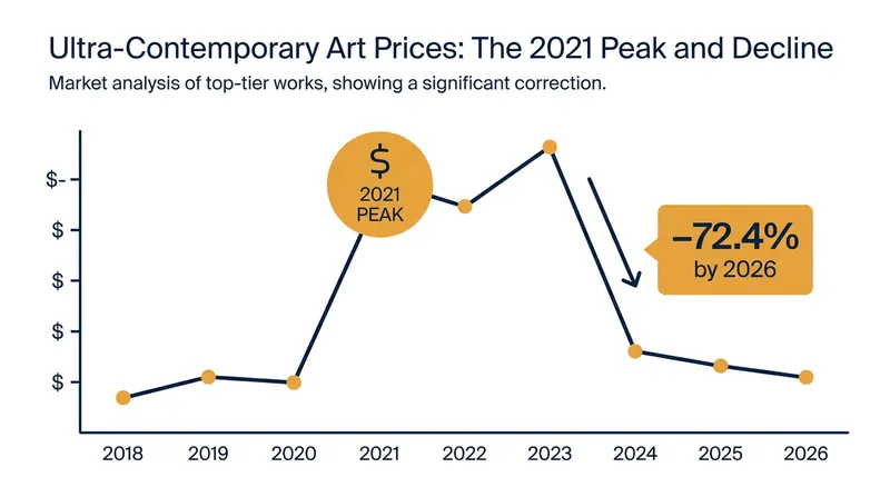 Average auction prices for ultra-contemporary art have fallen 72.4% from their 2021 peak.
